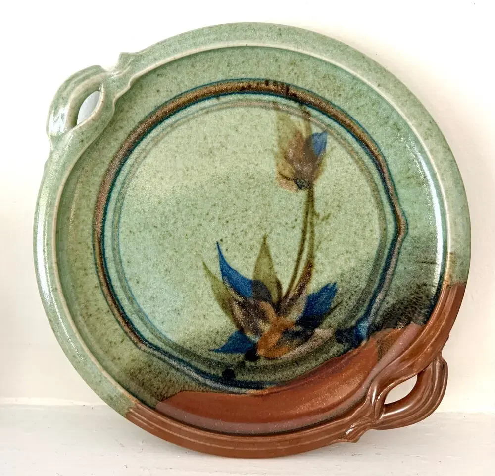 Studio Pottery Serving Plate Signed Iris Floral Green Rust Handcrafted Art